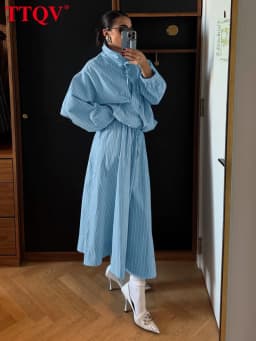 TTQV Fashion Loose Stripe Print 2 Piece Set Women 2026 Elegant Long Sleeve Shirt With High Waist Long Skirt Set Female Clothing
