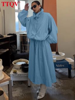 TTQV Fashion Loose Stripe Print 2 Piece Set Women 2026 Elegant Long Sleeve Shirt With High Waist Long Skirt Set Female Clothing