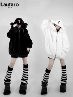 Lautaro Autumn Winter Oversized Sweet Warm Thick Soft Faux Fur Hoodie Women with Bear Ears Harajuku Punk Style Fluffy Jacket