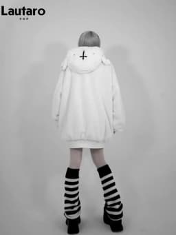 Lautaro Autumn Winter Oversized Sweet Warm Thick Soft Faux Fur Hoodie Women with Bear Ears Harajuku Punk Style Fluffy Jacket