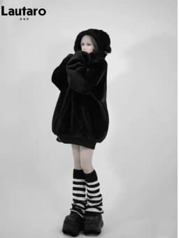 Lautaro Autumn Winter Oversized Sweet Warm Thick Soft Faux Fur Hoodie Women with Bear Ears Harajuku Punk Style Fluffy Jacket