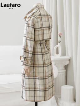 Lautaro Autumn Winter Long Loose Warm Plaid Wool Blends Trench Coat for Women Raglan Sleeve Belt Double Breasted Woolen Overcoat
