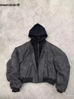 Mauroicardi Spring Oversized Vintage Black Faux Suede Leather Jacket Men Zipper Fake 2 Piece Luxury Designer Clothes Hoodie 2024