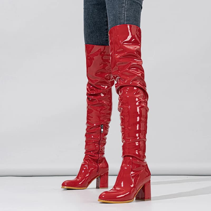 Liyke Fashion Round Toe Motorcycle Thigh High Boots Women Red Pleated Patent Leather Over The Knee Shoes Zip Autumn Winter Heels