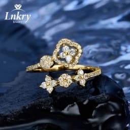 Lnkry 14k Gold Filled Adjustable Ring For Women Exquisite Certified Round Moissanite Four Leaf Flower Rings Jewelry Gift