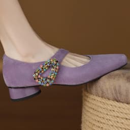 Women's natural suede leather crystal buckle square toe slip-on Mary Jane pumps 3.5cm thick med heel slim daily dress shoes sale