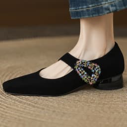 Women's natural suede leather crystal buckle square toe slip-on Mary Jane pumps 3.5cm thick med heel slim daily dress shoes sale