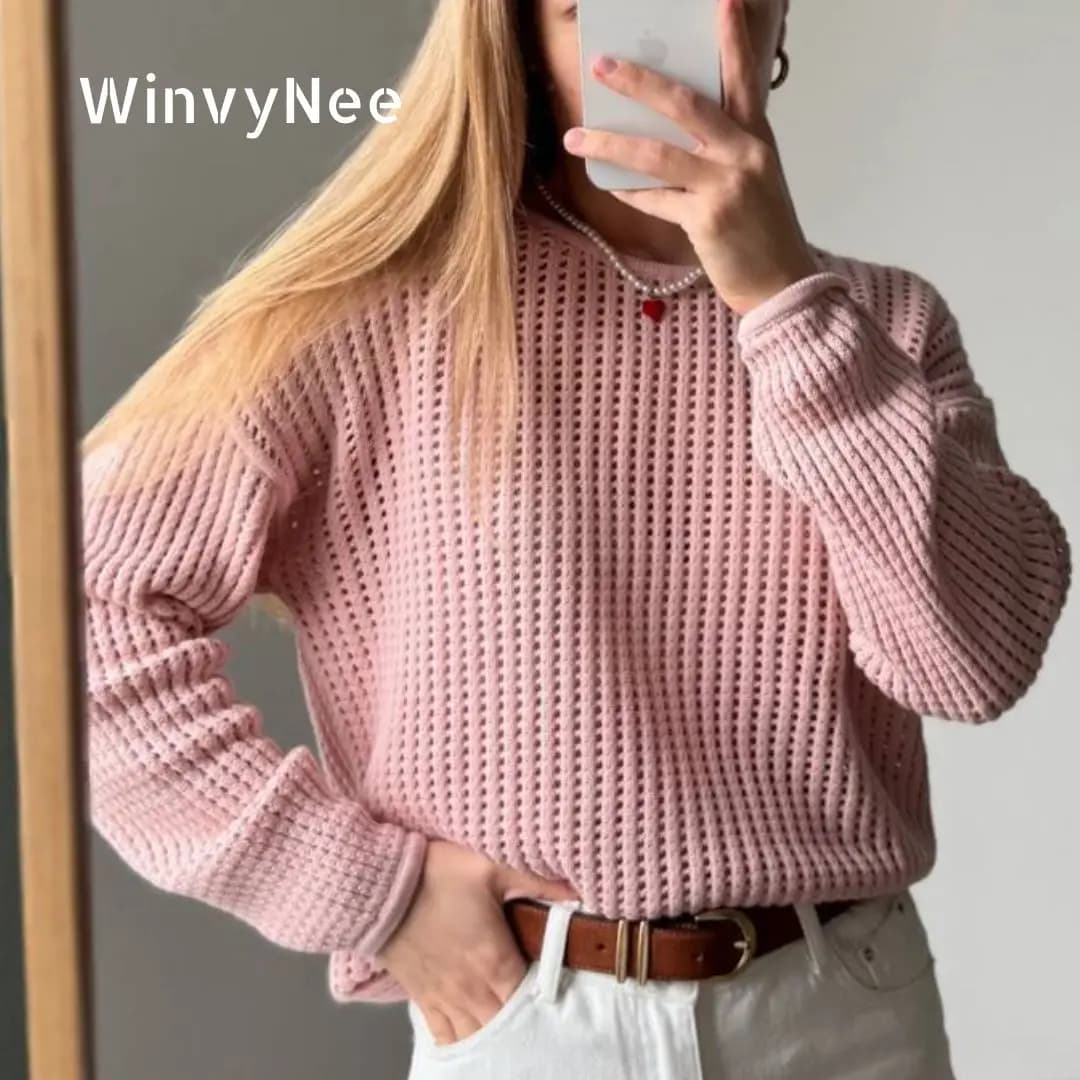 WinvyNee Spring Women Pure Cotton Pullover Sweaters Round O Neck Long Sleeve Solid Color Hollow Out Casual Knitwear ZA1092001