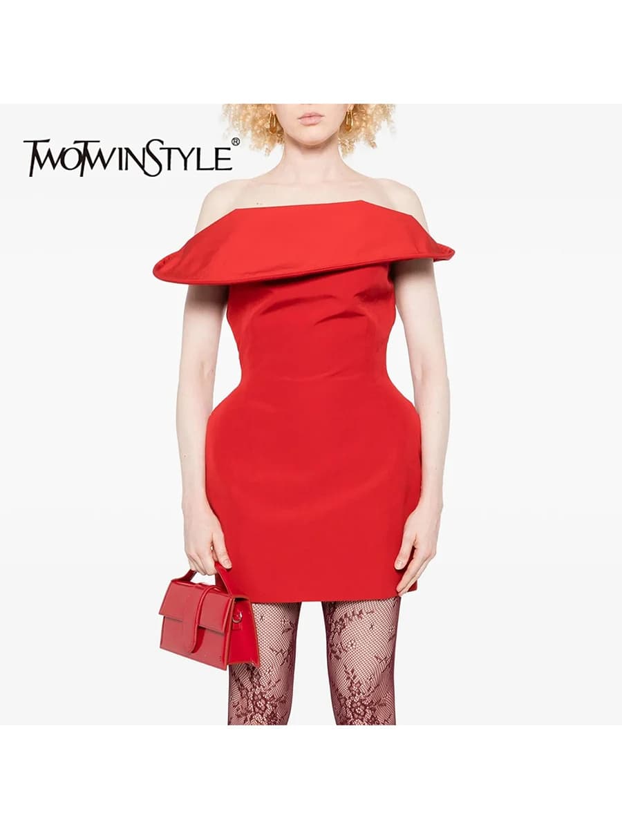 TWOTWINSTYLE Solid Slimming Minimalist Dresses for Women Slash Neck Off Shoulder Tunic Design Sense Mini Dress Female Clothing