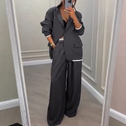 Women Suit Jacket Pants 2 Pieces Set Coat Wide Leg Trousers Outfits Single Breasted Turn Down Collar Office Lady Ensemble Autumn