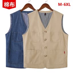 Men's Casual Denim Cotton Utility Vest Button Up Outdoor Pocketed Waistcoat Men Casual Slim Fit Sleeveless Jacket Vests Clothing