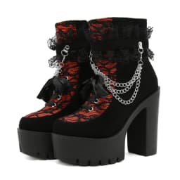 Gdgydh Vintage Gothic Lace Ankle Boots for Women Chunky Heel Side Zipper with Chain Detail Platform Goth Boots High Heels