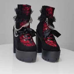 Gdgydh Vintage Gothic Lace Ankle Boots for Women Chunky Heel Side Zipper with Chain Detail Platform Goth Boots High Heels