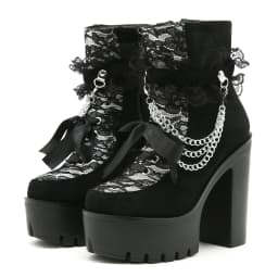 Gdgydh Vintage Gothic Lace Ankle Boots for Women Chunky Heel Side Zipper with Chain Detail Platform Goth Boots High Heels