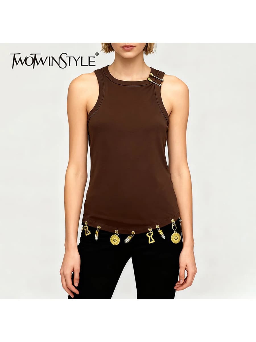 TWOTWINSTYLE Solid Slimming Spliced Sequined Fashion Vests for Women Round Neck Sleeveless Design Sense Vest Female Clothing New