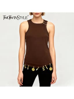 TWOTWINSTYLE Solid Slimming Spliced Sequined Fashion Vests for Women Round Neck Sleeveless Design Sense Vest Female Clothing New