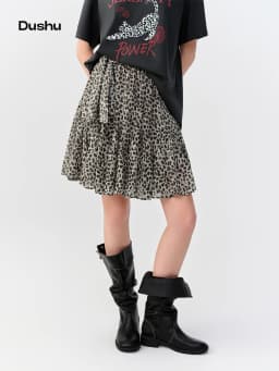 DUSHU Multiple Sizes 2026 Autumn New Women High-Waist Loose Leopard Print Irregular Panel Skirt, Knee-Length Stylish Short Skirt