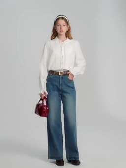 DUSHU Plus-size Women's Clothing Jasmine Tale French-style Wooden Collar Stay Tie-front White Shirt Winter 2025 New Slimming Top