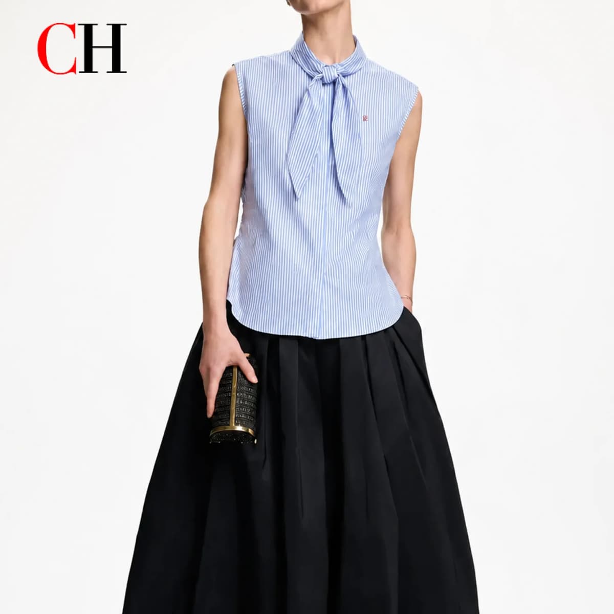 CH Embroidered Sleeveless Shirt Women Bow Tie Collar Slim Fit Soft Fabric Versatile Casual Daily Office Tops