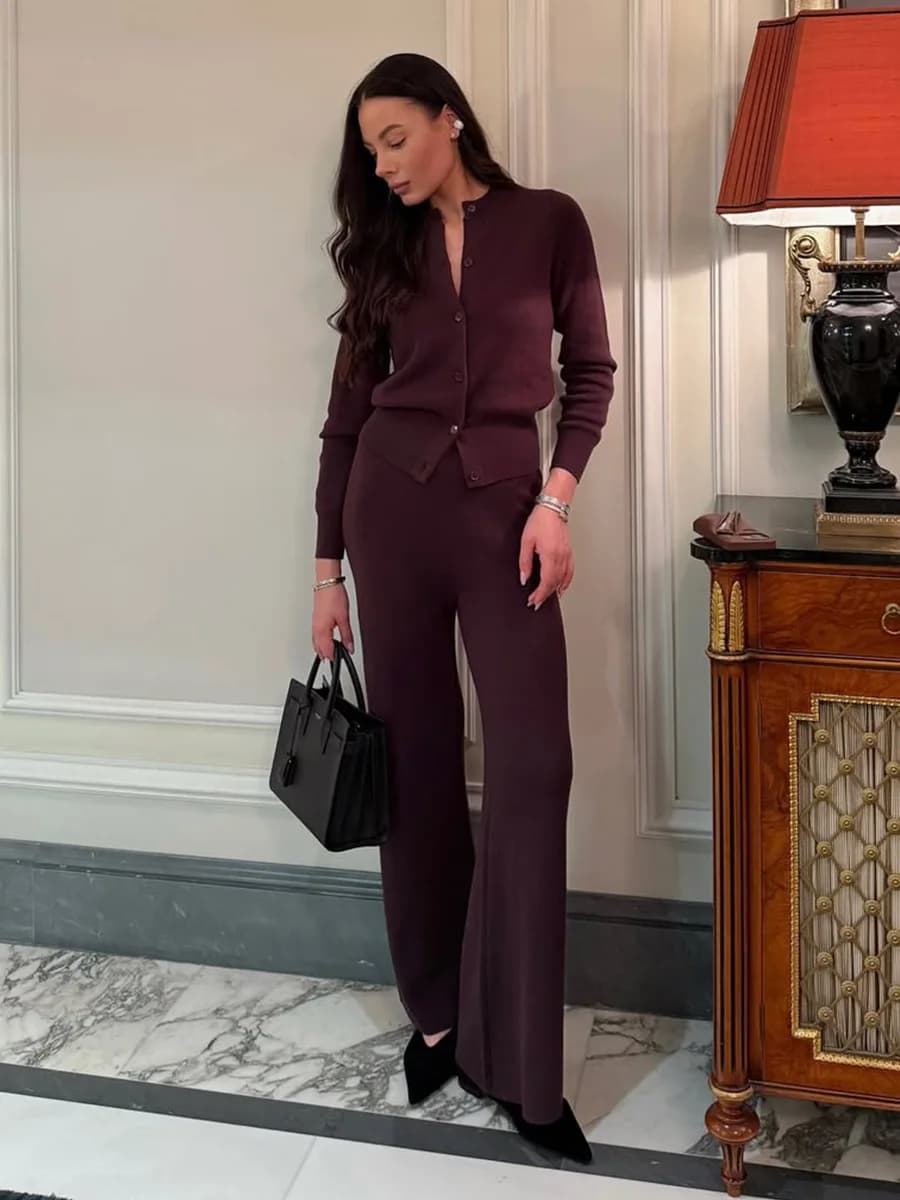 Bornladies Women's New Autumn Winter Knit Cardigan Pants Set Slim Fit Long Sleeve Long Trousers Simple Solid Color Sweater Suit