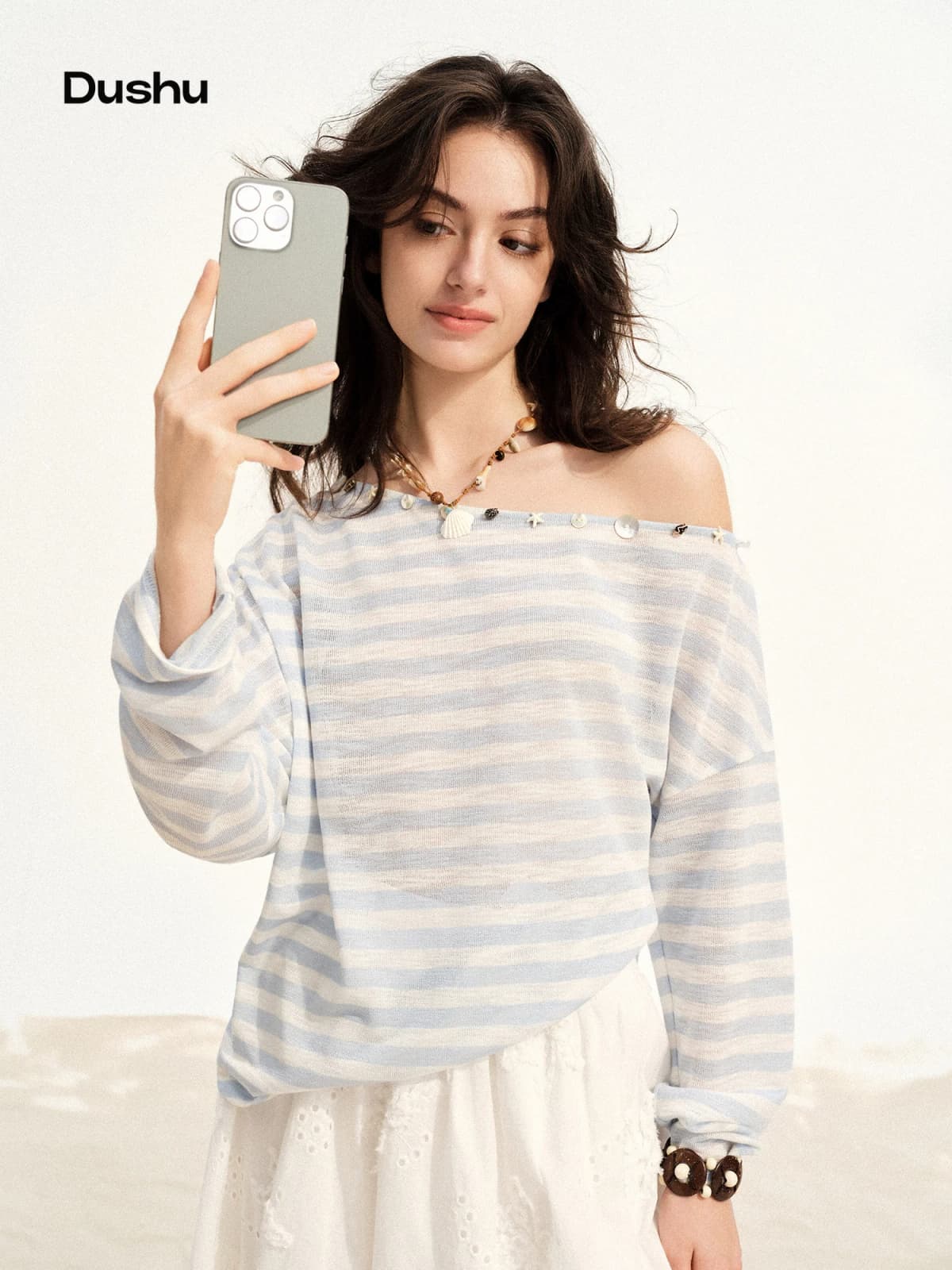 DUSHU 2026 Summer Women‘s One Shoulder Striped T-Shirt Relaxed Fit Asymmetric Top for Effortless Chic Urban Style Size Inclusive