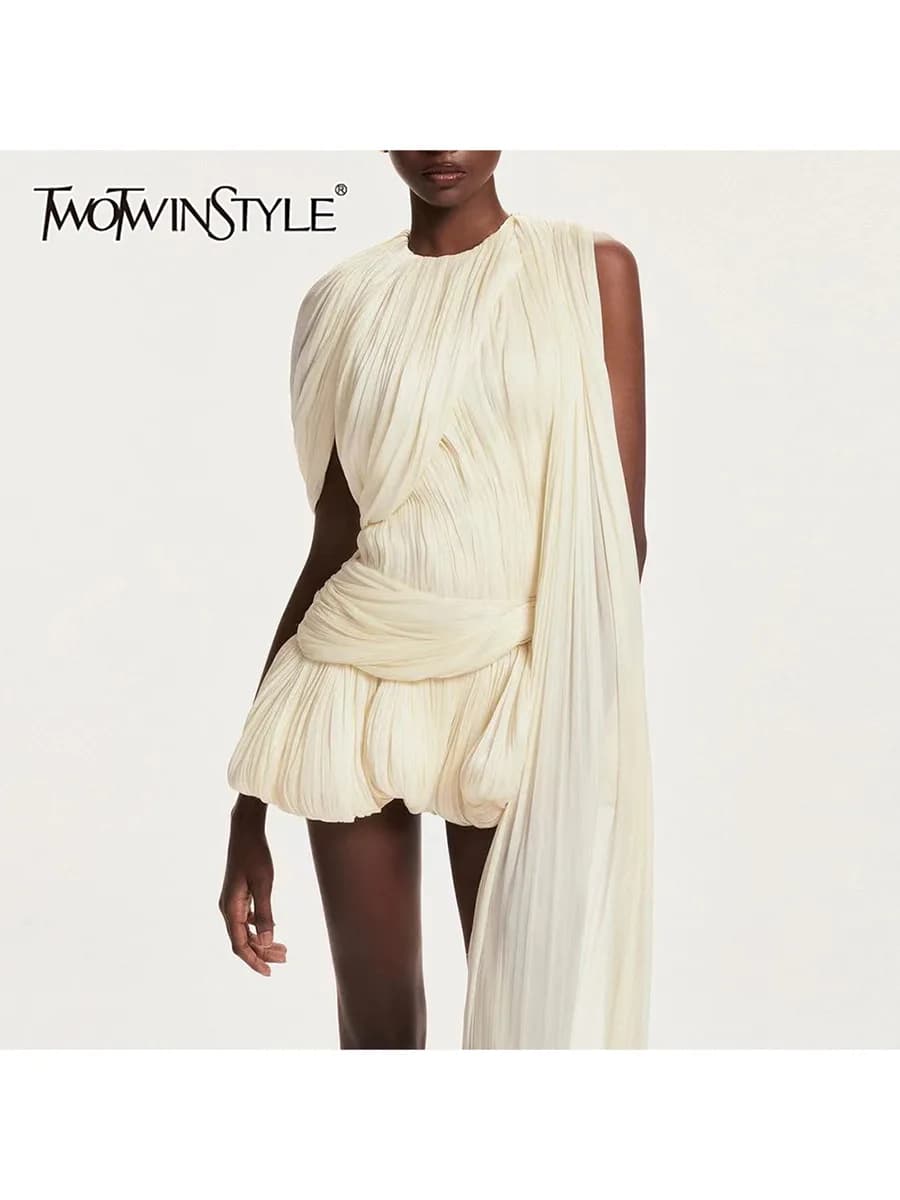TWOTWINSTYLE Solid Spliced Mesh Mini Dresses For Women O Neck Sleeveless High Waist Temperament Mini Dress Female Fashion New