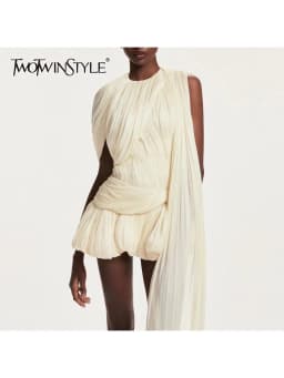 TWOTWINSTYLE Solid Spliced Mesh Mini Dresses For Women O Neck Sleeveless High Waist Temperament Mini Dress Female Fashion New