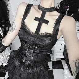 AltGoth Gothic Dark Y2k Vest Women Halloween Streetwear Hotsweet Lace Patchwork High Waist Bandage Cross Halter Crop Tank Tops