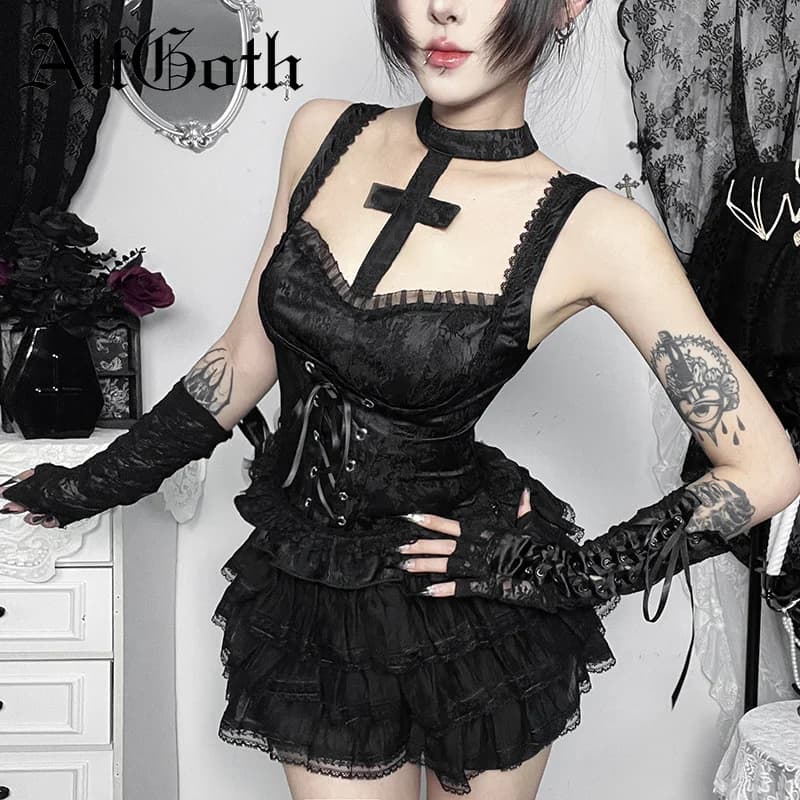 AltGoth Gothic Dark Y2k Vest Women Halloween Streetwear Hotsweet Lace Patchwork High Waist Bandage Cross Halter Crop Tank Tops