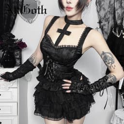 AltGoth Gothic Dark Y2k Vest Women Halloween Streetwear Hotsweet Lace Patchwork High Waist Bandage Cross Halter Crop Tank Tops
