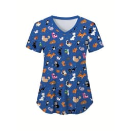 Scrubs Medical Uniforms Woman Cute Cartoon Pattern Dental Medico Tops V-Neck Short Sleeve Patch Pocket Tees Nurse Uniform Woman