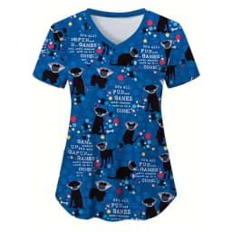 Scrubs Medical Uniforms Woman Cute Cartoon Pattern Dental Medico Tops V-Neck Short Sleeve Patch Pocket Tees Nurse Uniform Woman