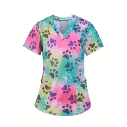 Scrubs Medical Uniforms Woman Cute Cartoon Pattern Dental Medico Tops V-Neck Short Sleeve Patch Pocket Tees Nurse Uniform Woman