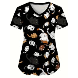 Scrubs Medical Uniforms Woman Cute Cartoon Pattern Dental Medico Tops V-Neck Short Sleeve Patch Pocket Tees Nurse Uniform Woman