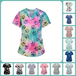 Scrubs Medical Uniforms Woman Cute Cartoon Pattern Dental Medico Tops V-Neck Short Sleeve Patch Pocket Tees Nurse Uniform Woman
