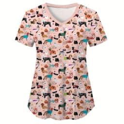 Scrubs Medical Uniforms Woman Cute Cartoon Pattern Dental Medico Tops V-Neck Short Sleeve Patch Pocket Tees Nurse Uniform Woman