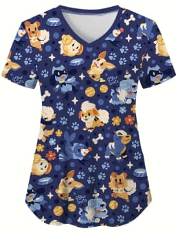 Scrubs Medical Uniforms Woman Cute Cartoon Pattern Dental Medico Tops V-Neck Short Sleeve Patch Pocket Tees Nurse Uniform Woman