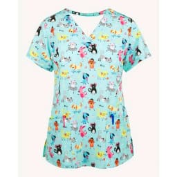 Scrubs Medical Uniforms Woman Cute Cartoon Pattern Dental Medico Tops V-Neck Short Sleeve Patch Pocket Tees Nurse Uniform Woman