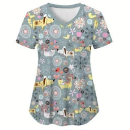 Scrubs Medical Uniforms Woman Cute Cartoon Pattern Dental Medico Tops V-Neck Short Sleeve Patch Pocket Tees Nurse Uniform Woman