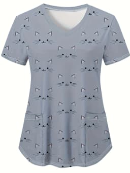 Scrubs Medical Uniforms Woman Cute Cartoon Pattern Dental Medico Tops V-Neck Short Sleeve Patch Pocket Tees Nurse Uniform Woman