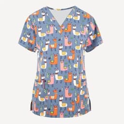 Scrubs Medical Uniforms Woman Cute Cartoon Pattern Dental Medico Tops V-Neck Short Sleeve Patch Pocket Tees Nurse Uniform Woman