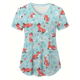 Scrubs Medical Uniforms Woman Cute Cartoon Pattern Dental Medico Tops V-Neck Short Sleeve Patch Pocket Tees Nurse Uniform Woman