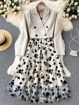 French Style Elegant Two Piece Sets Women Double Breasted Blazer Jacket + Mesh A-line Long Dress Fashion Korean Outfits