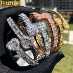 New Iced Out Bling Rectangle AAA CZ Opened Heart Bracelet Silver Color Square Zircon Charm Bangle For Women Hiphop Jewelry