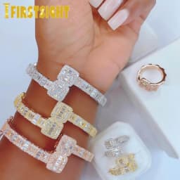 New Iced Out Bling Rectangle AAA CZ Opened Heart Bracelet Silver Color Square Zircon Charm Bangle For Women Hiphop Jewelry
