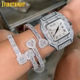 New Iced Out Bling Rectangle AAA CZ Opened Heart Bracelet Silver Color Square Zircon Charm Bangle For Women Hiphop Jewelry