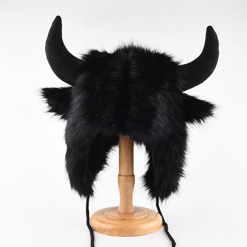 Fashion Big Black Horn Maomao Lei Feng Hat for Men and Women Winter Warm Ear Protection Wind and Cold Riding Bull Hat
