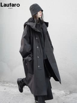 Lautaro Spring Autumn Long Oversized Black Trench Coat with Hood Dark Academia Aesthetic Luxury Designer Clothes for Women 2022