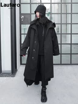 Lautaro Spring Autumn Long Oversized Black Trench Coat with Hood Dark Academia Aesthetic Luxury Designer Clothes for Women 2022