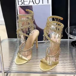 Eilyken Golden Crystal Rhinestone Women's Sandals Fashion String Bead Nightclub Stiletto Heel Wrap Strap Peep Toe Summer Shoes